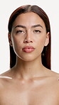 Serious, woman and skincare in studio, face and dermatology for glow, confident and white background. Beauty, person and cosmetics for healthy skin benefits, shine and self care for wellness in Spain