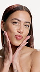 Face, skincare and woman in studio, shine and treatment with dermatology on white background. Glow, cosmetics and happy person with makeup, aesthetic and wellness with smile, grooming and beauty