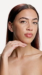 Woman, touch face and skincare in studio with results, beauty and smooth skin on white background. Person, model and portrait with cosmetics, natural makeup and glow with dermatology in Colombia