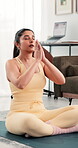Woman, breathing and meditation for yoga at house for fitness, morning routine and mindfulness. Female person, namaste pose and eyes closed with inner peace, spiritual awareness and holistic balance