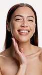 Smile, face and touch with woman for natural skincare, wellness and glow for self care on white background. Healthy skin, clean girl aesthetic or makeup with dermatology and portrait in studio