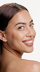 Face, woman and smile for skincare in studio for beauty, smooth healthy and dermatology results. Portrait, female person and cosmetics for facial shine, texture treatment and glow on white background