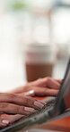 Typing, hands or woman in cafe with laptop, online research or script edit for client. Remote work, creative or copywriter in coffee shop with drink, review blog or feedback for digital publication.