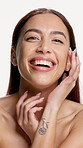 Laugh, face and touch with woman for dermatology, wellness and glow for self care on white background. Healthy skin, clean girl aesthetic or makeup with natural skincare and portrait in studio