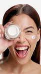 Happy woman, skincare cream and face in studio with container, excited and glow on white background. Person, model and smile in portrait with lotion, moisturizer and dermatology product in Mexico