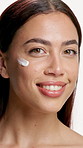 Beauty, woman and smile with face cream in studio for skincare routine, hydration and skin glow. Dermatology, person and happy with retinol product on white background for acne treatment or self care