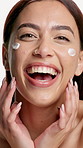 Face, cream and woman with smile, skincare and dermatology with glow, funny and aesthetic. Laughing, creme and person with happiness, lotion and moisture and cosmetics with treatment and healthy skin