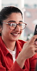 Laugh, happy woman or typing with phone in office for break, check notification or reply to joke message. Online conversation, social media or person with mobile app for texting, smile or funny chat.
