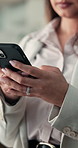 Business, hands and woman in office, smartphone and financial analyst with email notification. Person, employee and investor in workplace, cellphone and message to contact, internet and communication