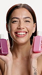 Woman, makeup and bottle with face in studio with friends, smile and mock up space on white background. Person, model and happy together for portrait, beauty or confidence with cosmetics in Colombia