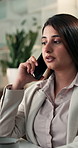 Phone call, speaking and business woman in office for insurance advice, feedback or negotiation. Mobile, broker and conversation with contact at work for premium coverage, consulting or communication