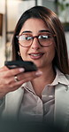 Business, phone call and woman with glasses speaker and financial analyst with communication. Person, eyewear and investor in workplace, cellphone and recording with connection, app and reflection