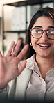 Video call, wave and business woman in office for financial webinar, virtual chat or welcome. Computer, online meeting and greeting with happy consultant for investment update, communication or talk