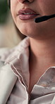 Headset, mouth and woman in office, call center and help desk with advice, questions and contact us. Person, consultant and employee with mic, telemarketing and customer service with communication
