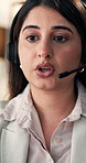 Business woman, agent and advice with headset in office for proposal or virtual assistance. Female person, consultant or talking with mic for online discussion, help or negotiation in workplace