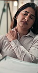 Documents, finance and shoulder pain with business woman in office for burnout or fatigue. Accounting, injury and joint with Indian employee in corporate workplace for investment or wealth management