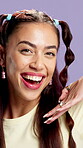 Fashion, face and woman in studio with smile, bold and creative in personal style. Beauty, retro and female person on purple background with accessories, gen z and unique in disco aesthetic.