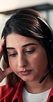 Frustrated woman, consultant and stress with headset for difficult customer, mistake or fail. Female person, agent or migraine with anxiety for virtual assistance, mental health or deadline in office