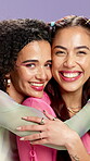 Friends, hug and gen z with makeup face for cosmetics, happy bonding or makeover together in studio. Youth aesthetic, facial glow and people in embrace for happiness with beauty on purple background