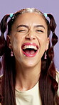 Fashion, face and woman in studio with kiss, bold and creative in personal style. Happiness, wink and female person on purple background with accessories, gen z and unique in retro aesthetic.