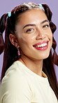 Fashion, face and woman in studio with happiness, bold and creative in personal style. Beauty, retro and female person on purple background with accessories, gen z and unique in disco aesthetic.