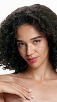 Face, touch and woman for skincare in studio with beauty, smooth texture and natural shine. Portrait, person and confident with healthy skin, dermatology results and facial glow on white background