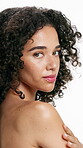 Face, serious and woman for skincare in studio with beauty, smooth texture and natural shine. Portrait, person and confident with healthy skin, dermatology results and facial glow on white background