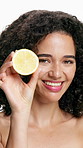 Lemon, skincare and face of woman in studio for vitamin c, treatment and cosmetics for smile. Portrait, fruit and model with diy facial, organic or skin detox with citrus cleaning on white background