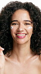 Cream, skincare and happy with face of woman in studio for self care, beauty cosmetics and hyaluronic acid. Collagen, dermatology and glow with person on white background for aesthetic and hydration