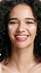 Face, woman and happy with cream for beauty, facial shine or dermatology with skin moisturizer. Sunscreen, skincare and wellness with lotion for antiaging, female person with natural glow and smile
