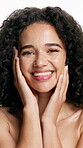 Face, happy and woman for skincare in studio for beauty, smooth texture and natural shine. Portrait, person and cosmetics for healthy skin, dermatology results and facial glow on white background
