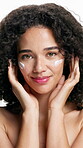 Cream, skincare and smile with face of woman in studio for self care, beauty cosmetics and hyaluronic acid. Collagen, dermatology and glow with person on white background for aesthetic and hydration