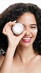 Face, woman, and lotion for skincare in studio for hydration, healthy skin and collagen benefits. Portrait, person and cosmetics for beauty, facial moisturizer and cream treatment on white background