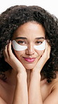Face, skincare and happy woman with eye patches in studio, cosmetic health or natural detox. Portrait, beauty and model with mask for dark circles, facial treatment or dermatology on white background