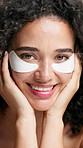 Face, skincare and happy woman with eye patches for beauty, hydration or natural detox. Portrait, health and model with mask for dark circles, facial treatment or dermatology with cosmetics in studio