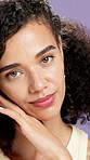 Face, cosmetics and glow with woman in studio for dermatology, cosmetology and touch. Portrait, natural skincare and model with aesthetic, skin health or wellness for self care on purple background