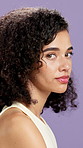 Face, skincare and woman in studio, beauty and dermatology on purple background. Shine, aesthetic and person with glow, wellness and healthy skin with grooming, cosmetics and confidence with pride