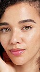 Face, skincare and glow with woman for dermatology, cosmetology and touch. Portrait, natural cosmetics and model with clean aesthetic, skin health or wellness for self care on studio background