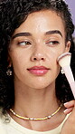 Beauty, makeup and woman with brush, studio and foundation application with equipment and self care. Background, confident and person with tool for cosmetics, wellness and product for healthy skin