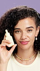 Makeup, bottle and face of woman in studio for cosmetics, skincare promo and beauty products. Advertising, salon and portrait of person with container for dermatology review on purple background