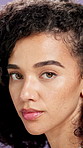Face, cosmetics and skincare with woman in studio for dermatology, cosmetology and touch. Portrait, natural glow and model with aesthetic, skin health or wellness for self care on purple background