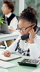 Phone call, writing and child in office for playing pretend for communication, contact and talking. Business, happy and playful girl with telephone for negotiation, discussion and online consultant