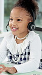 Happy, child and headset in office, typing and troubleshooting for fake IT problem and communication. Pretend, virtual assistant and kid with computer for system support, discussion and career day