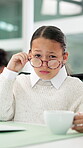 Office, face and child with glasses, confused and pretend employee with raised eyebrow or suspicious. Doubt, facial expression and kid with coffee in business, eyewear and fake question on career day
