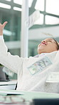 Business, kid and happy with money rain in office for stocks bonus, trading wealth and celebration. Trader, professional child and excited with cash for junior promotion, financial freedom or profit