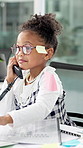 Phone call, busy and child in office for pretend with documents, conversation and talking. Business, playing and girl with telephone for negotiation, discussion and paperwork for workload chaos