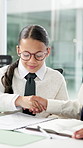 Child, handshake and meeting at office, pretend and smile for collaboration, deal and glasses at agency. Girl, shaking hands and team with finance career, role play or success with investment at job