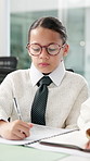 Child, writing and meeting at office, pretend and documents for accounting job, feedback and glasses at agency. Girl, book and team with finance career, role play or notes with paperwork at workplace