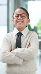 Child, face and happy with arms crossed at office for pretend job, career and confidence at agency. Girl, kid and smile in portrait at workplace, role play and excited at finance company in Mexico