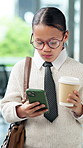 Pretend, smartphone and child with drinking coffee, girl and typing with social media, email and app. Kid, espresso or role play with cellphone, online reading or message to contact, caffeine or chat